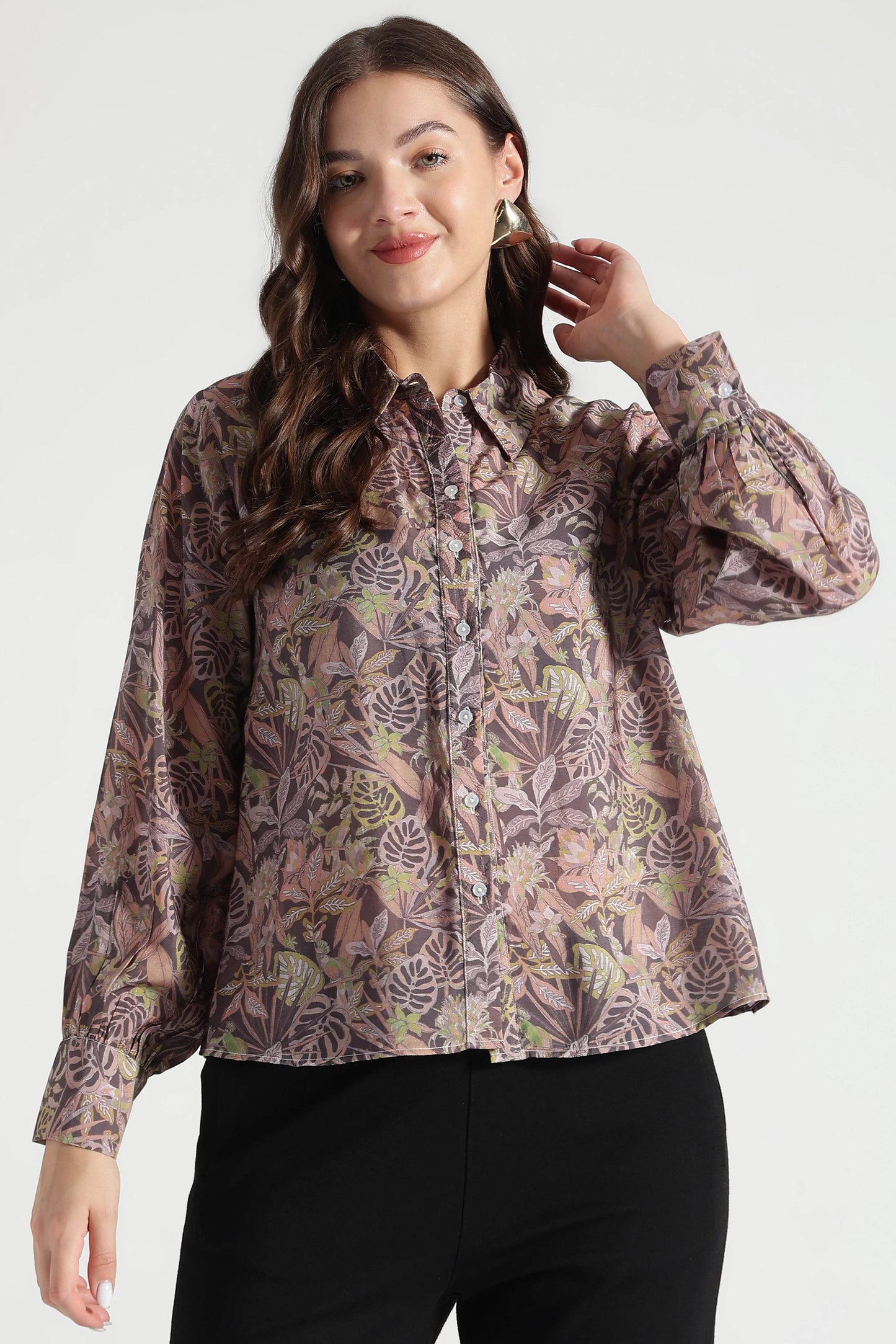 Muted Olive Leaf Print Viscose Shirt - Fabravaa