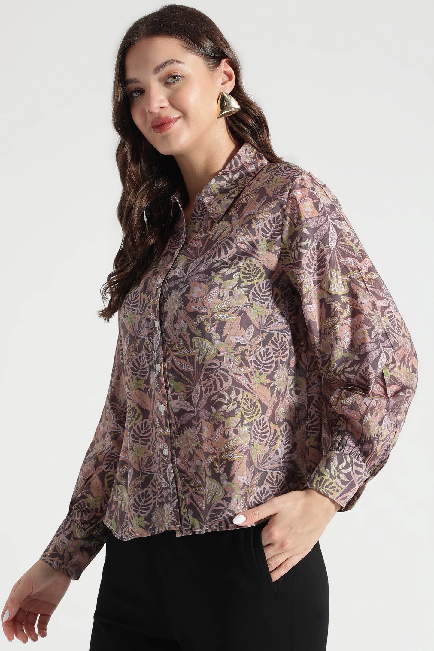 Muted Olive Leaf Print Viscose Shirt - Fabravaa