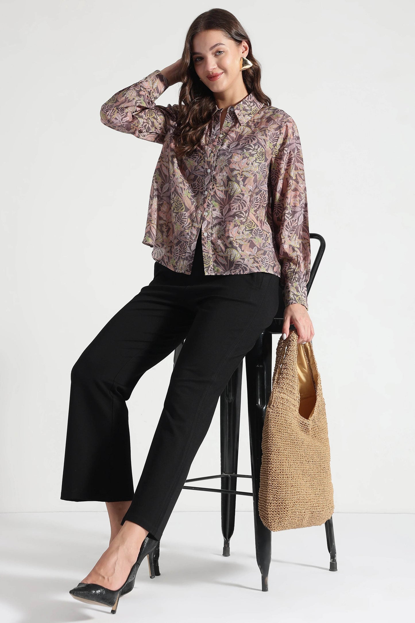 Muted Olive Leaf Print Viscose Shirt - Fabravaa
