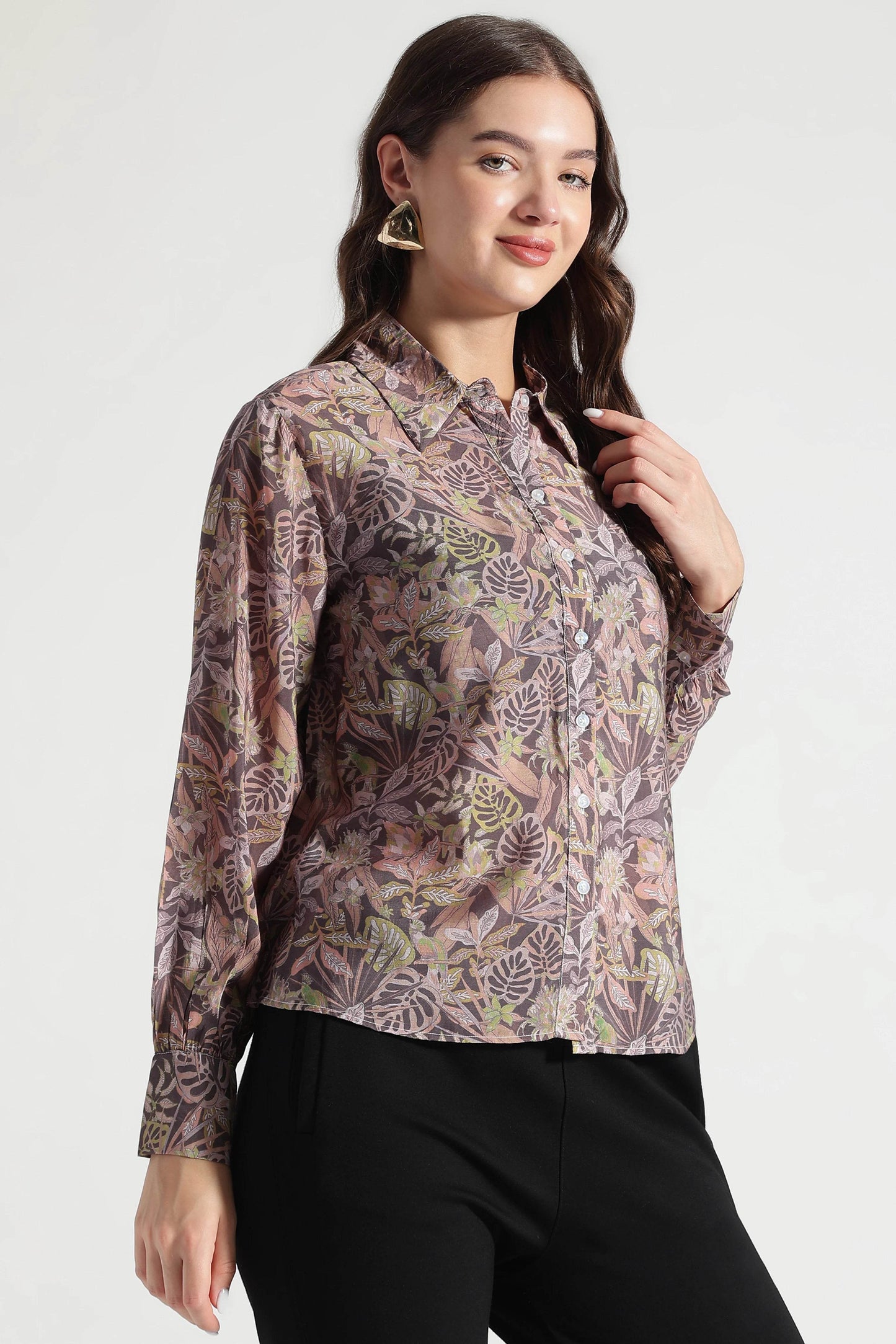 Muted Olive Leaf Print Viscose Shirt - Fabravaa