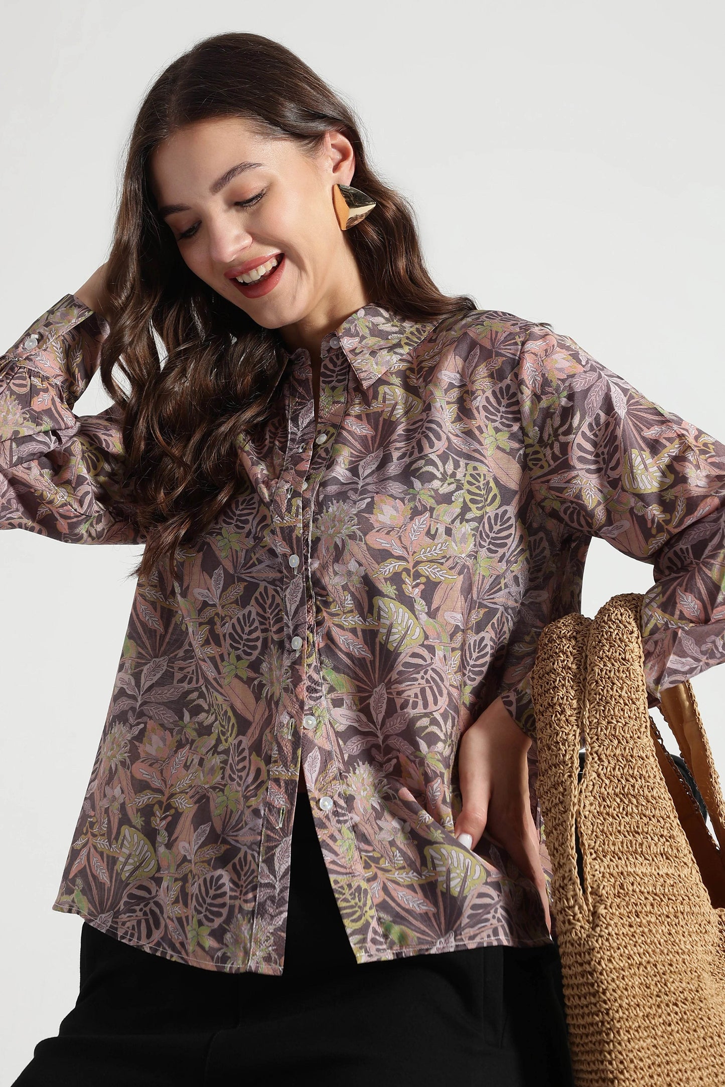 Muted Olive Leaf Print Viscose Shirt - Fabravaa