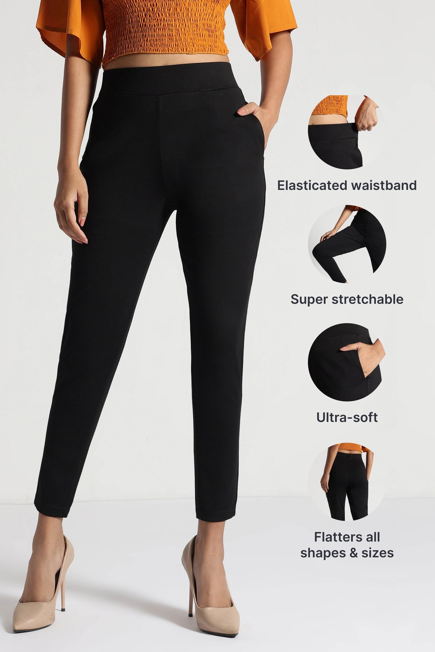 Black Tencel Comfort-Fit Pants with Elastic Waist - Fabravaa