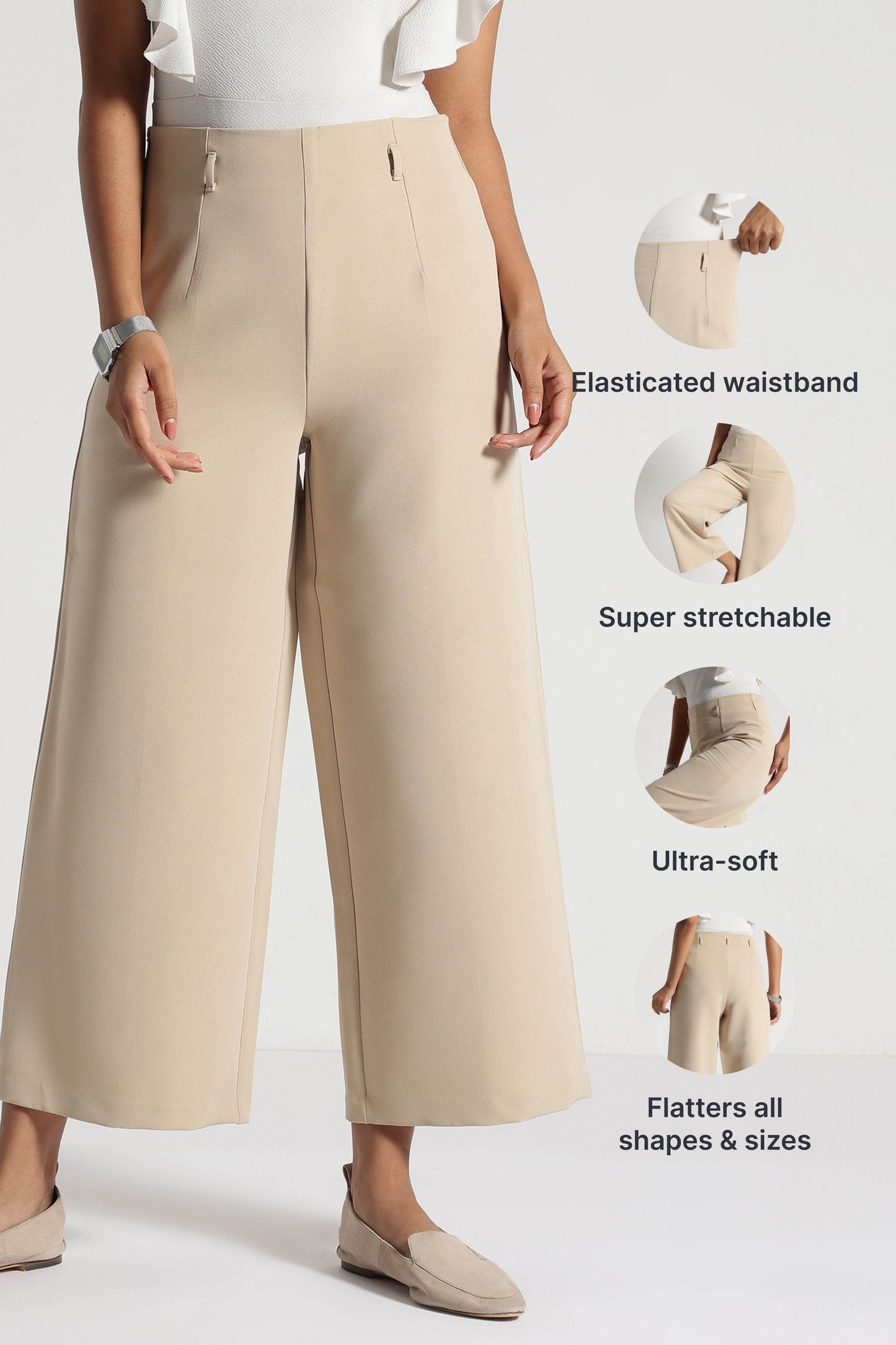 Beige Cropped Wide-Leg Comfort Pants - Fabravaa