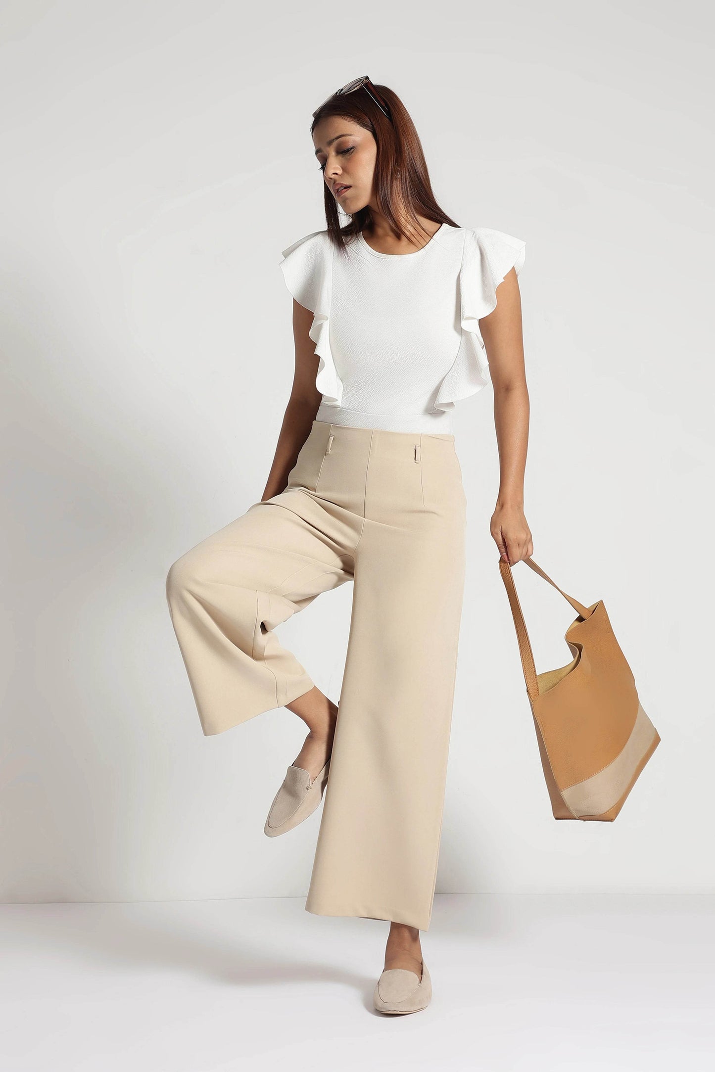 Beige Cropped Wide-Leg Comfort Pants - Fabravaa