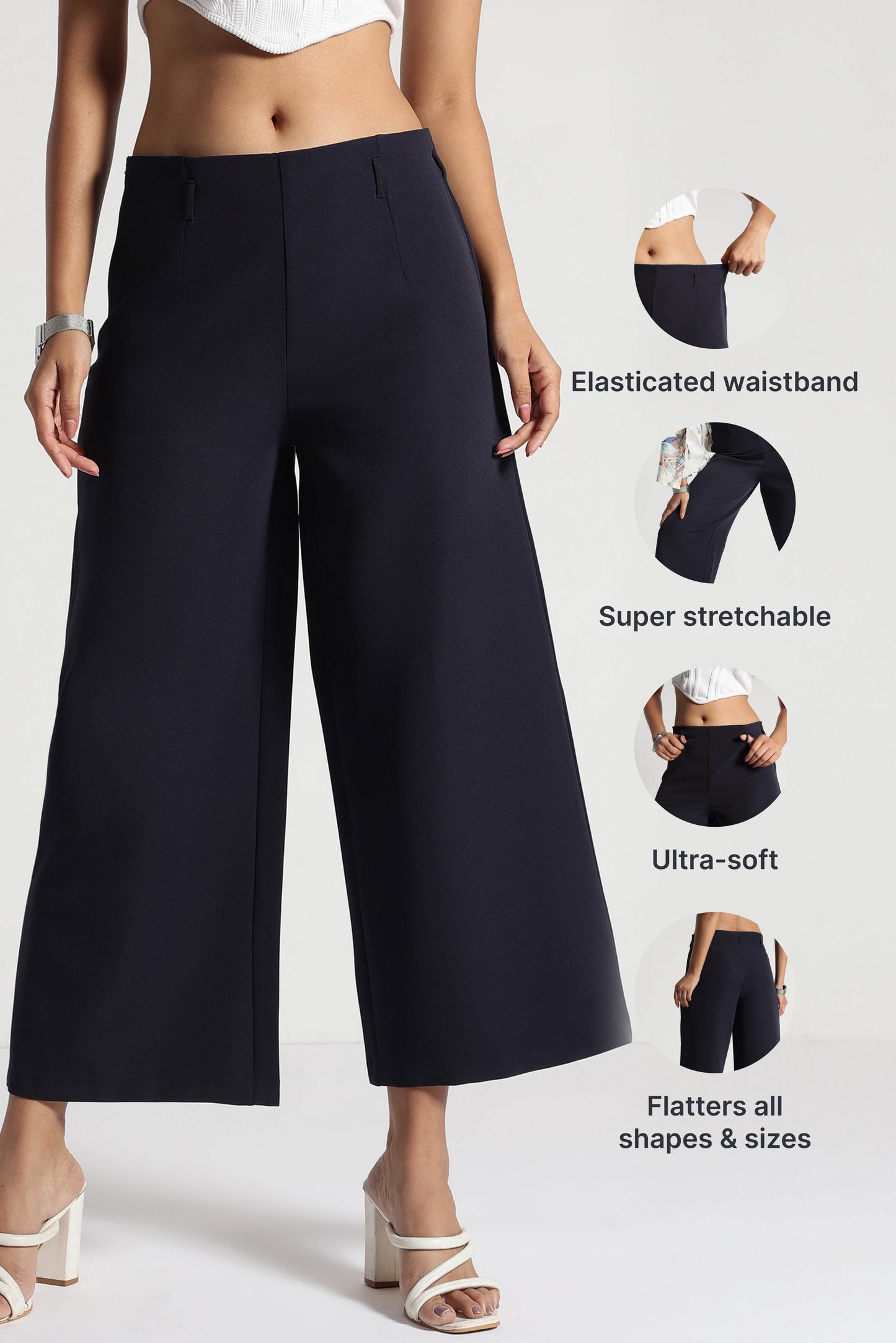 Navy Cropped Wide-Leg Comfort Pants - Fabravaa