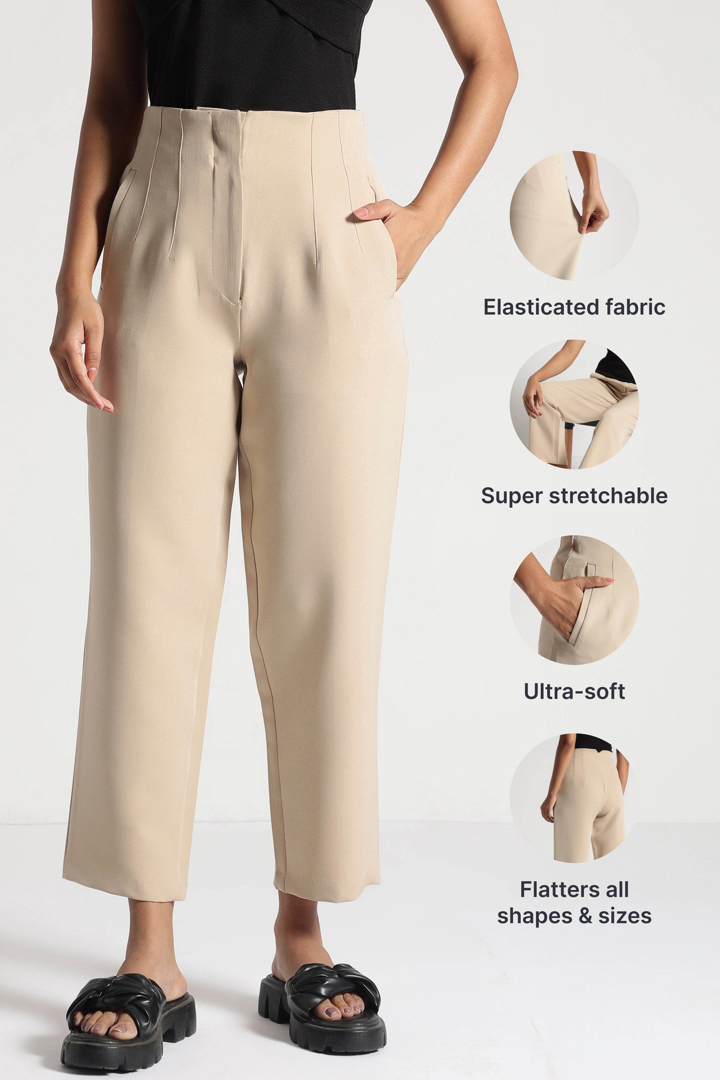 Beige StretchFit High-Rise Cropped Pants - Fabravaa