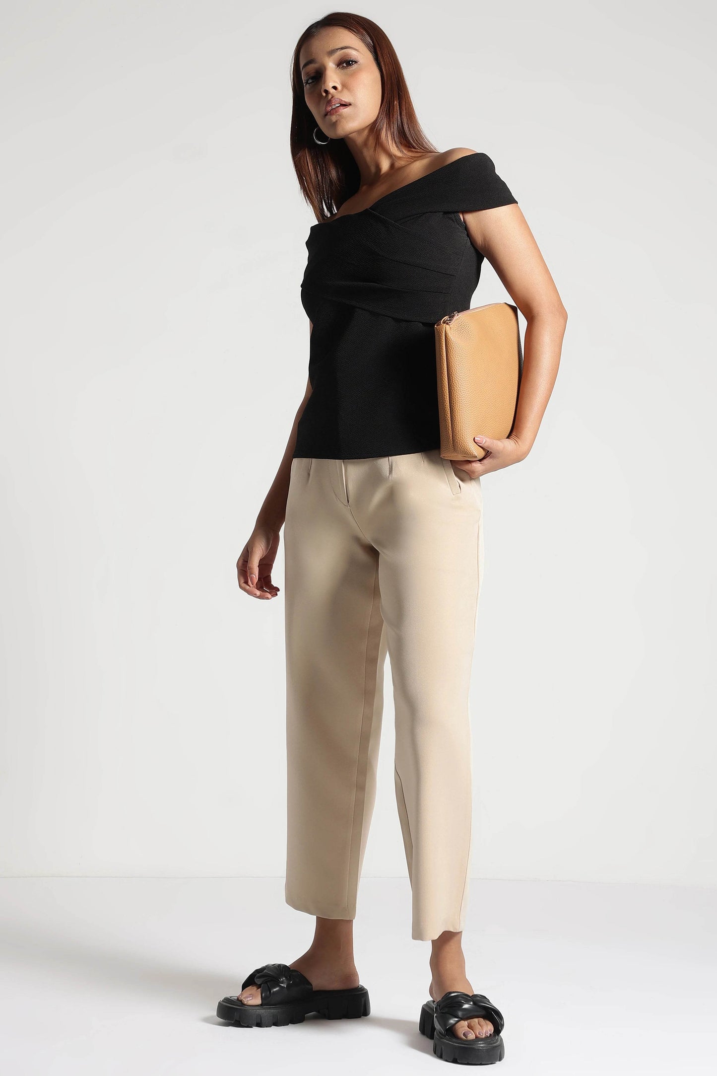 Beige StretchFit High-Rise Cropped Pants - Fabravaa
