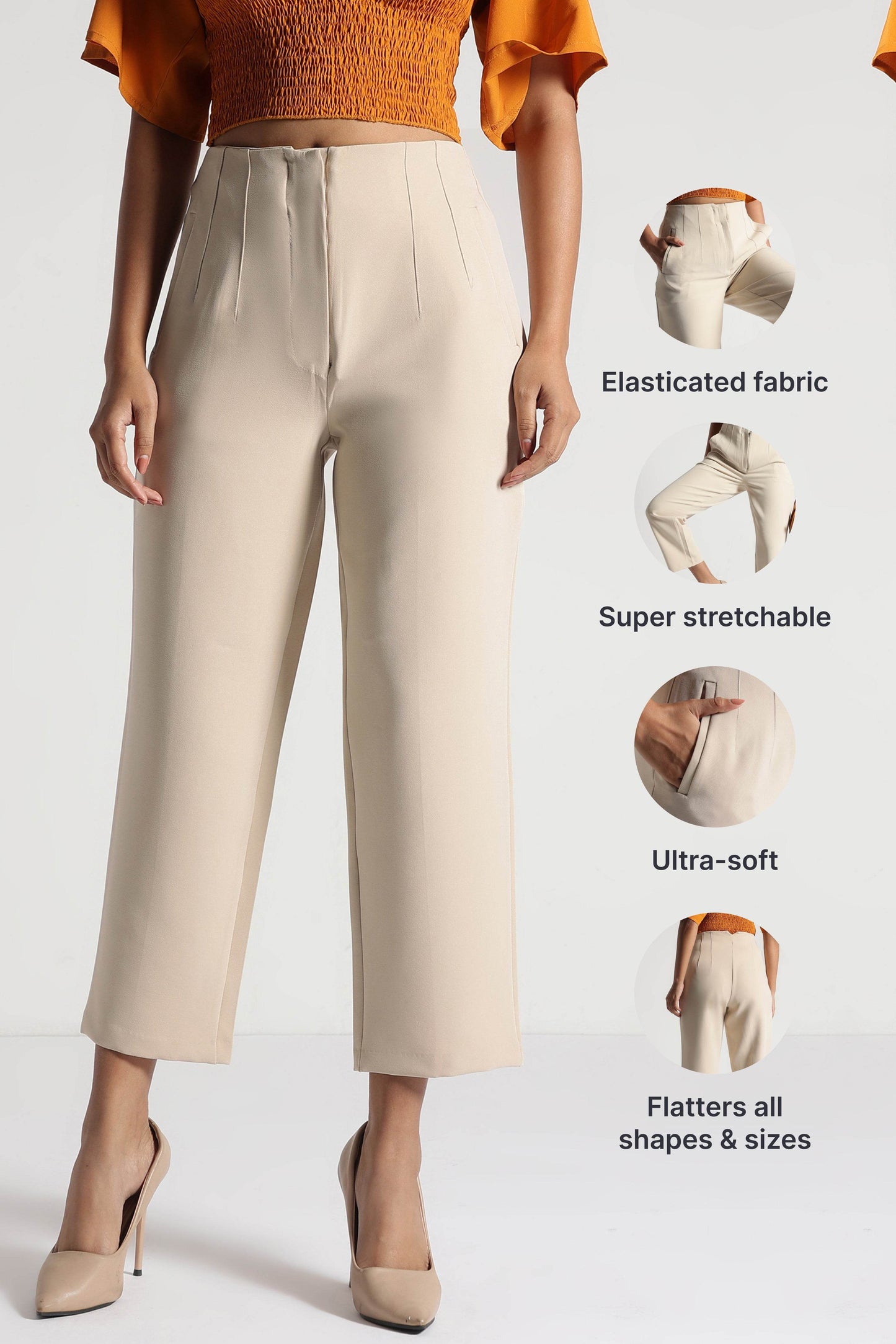 Sand Beige Cropped Trousers with Sculpt Fit - Fabravaa