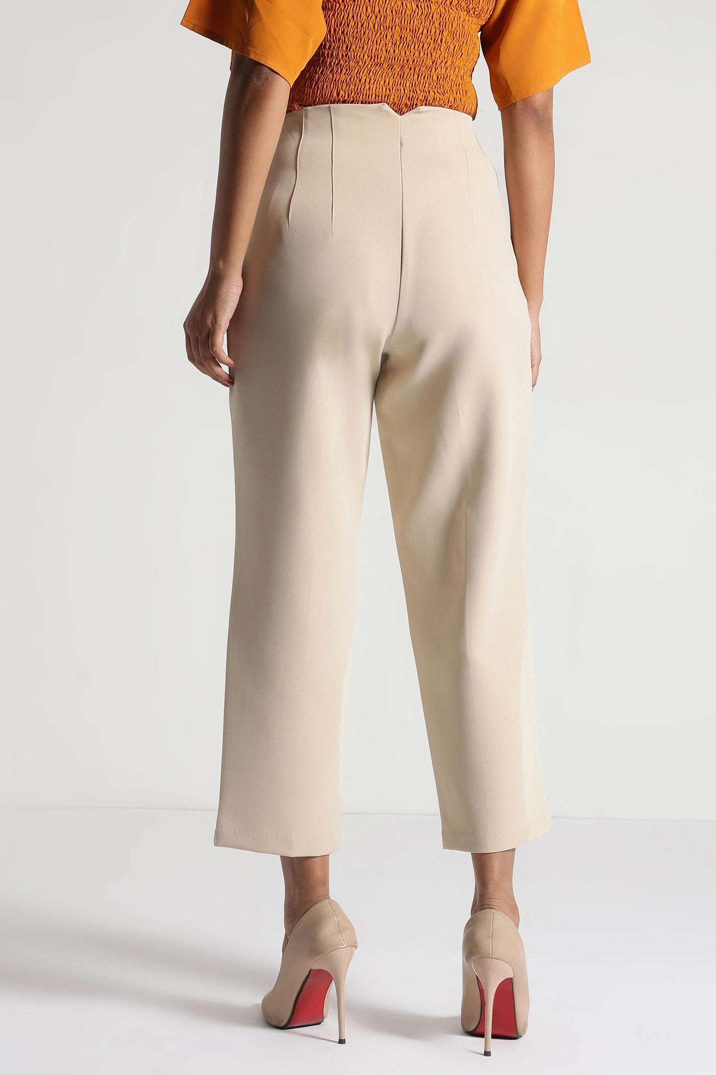 Sand Beige Cropped Trousers with Sculpt Fit - Fabravaa