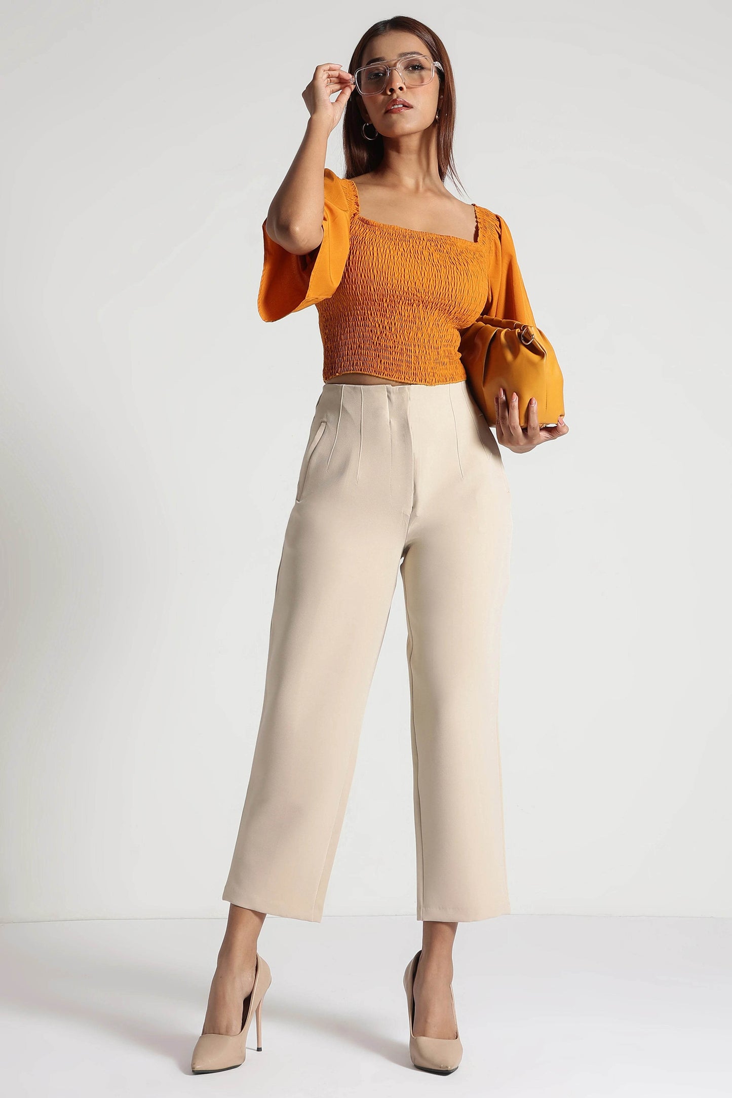 Sand Beige Cropped Trousers with Sculpt Fit - Fabravaa