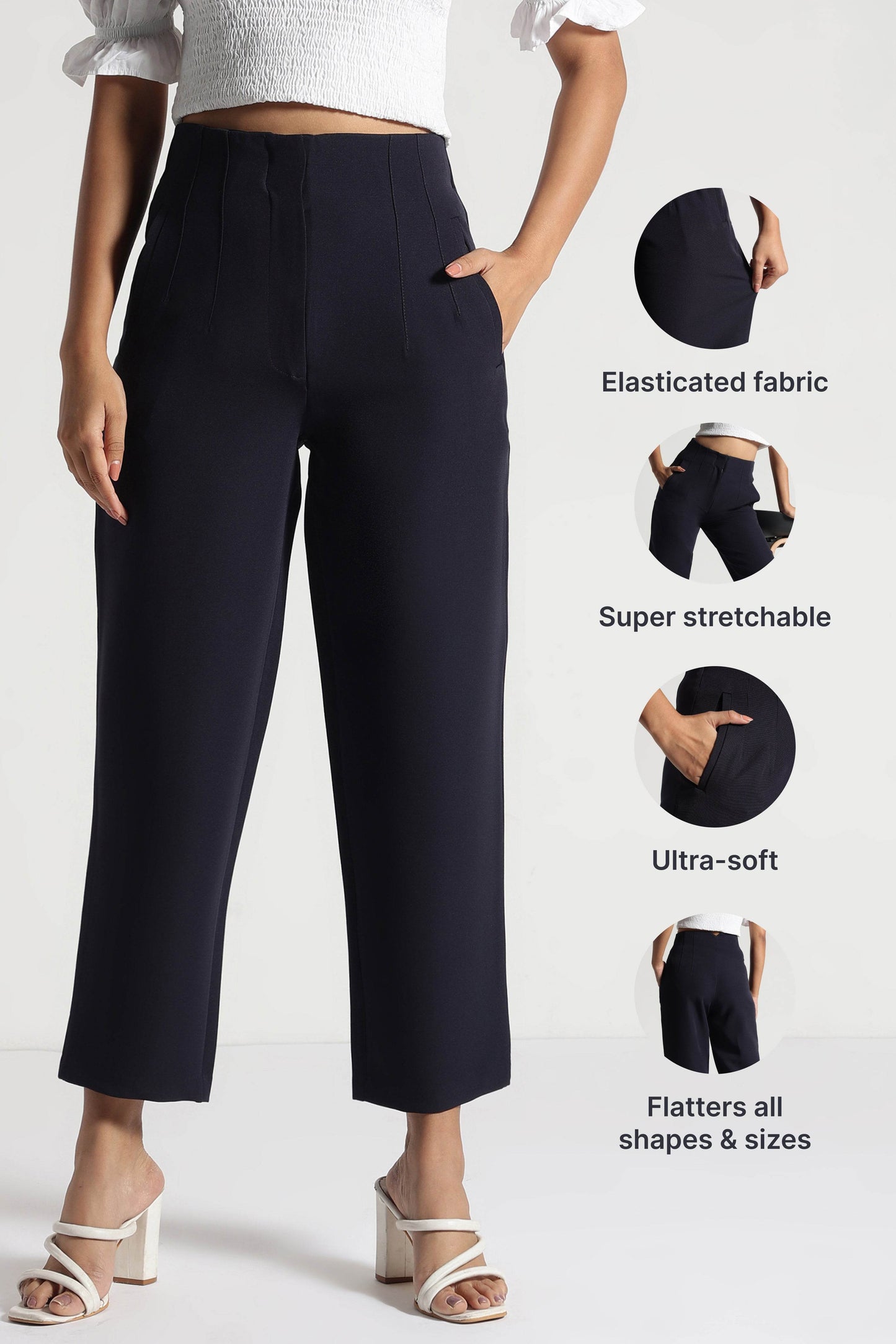 Navy Blue High-Rise Cropped Pants - Fabravaa