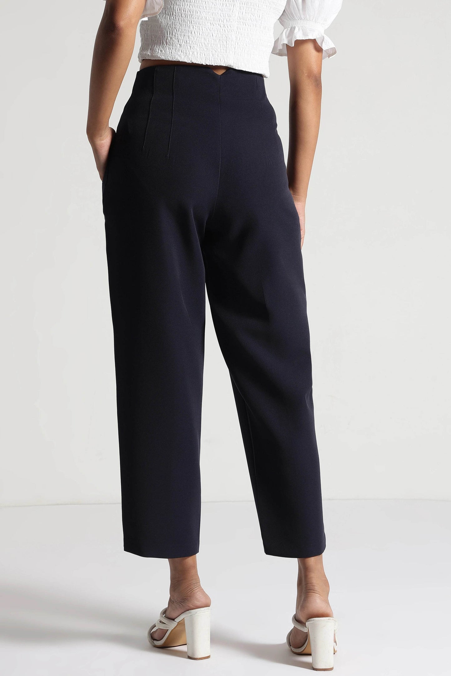 Navy Blue High-Rise Cropped Pants - Fabravaa