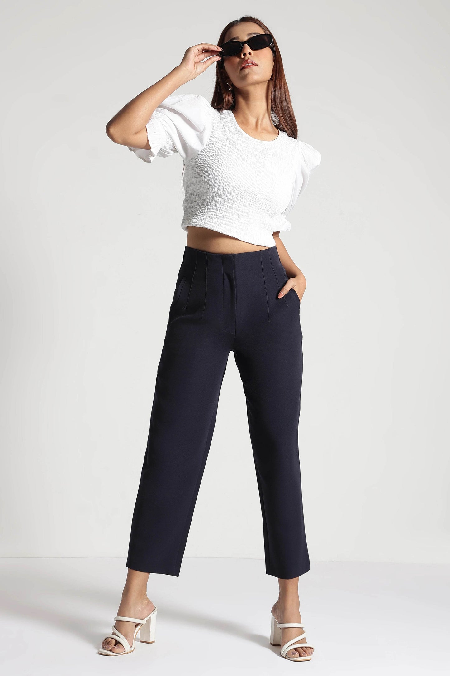 Navy Blue High-Rise Cropped Pants - Fabravaa