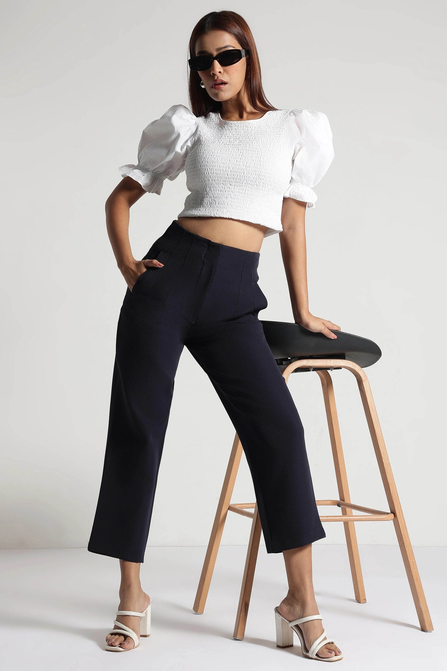 Navy Blue High-Rise Cropped Pants - Fabravaa