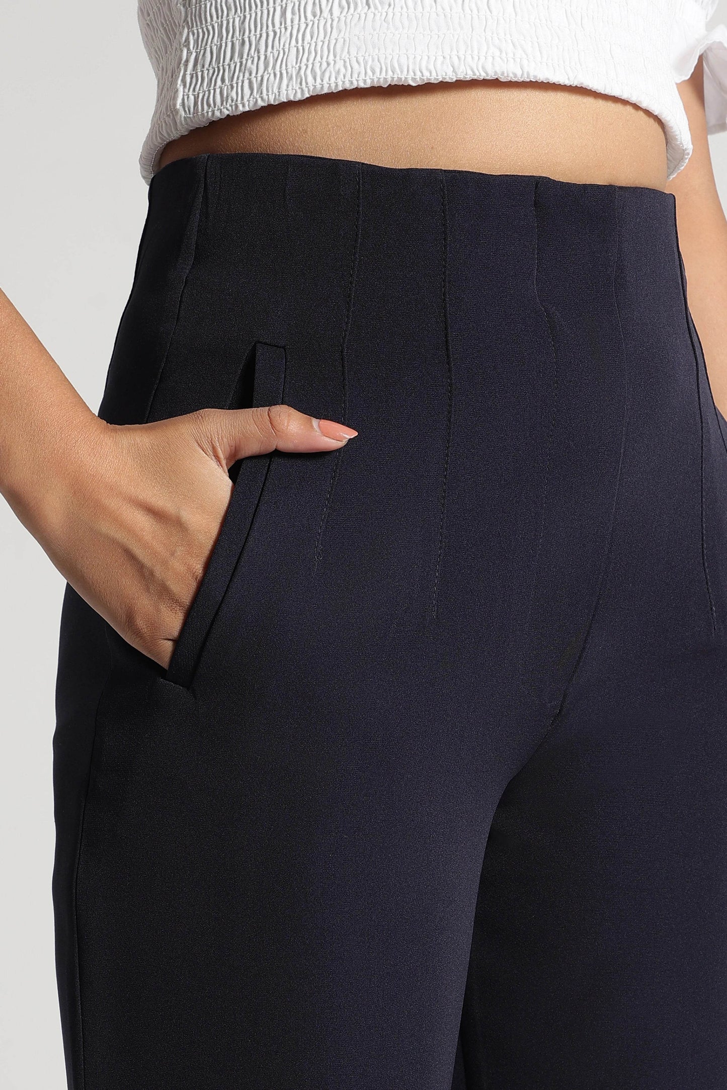 Navy Blue High-Rise Cropped Pants - Fabravaa