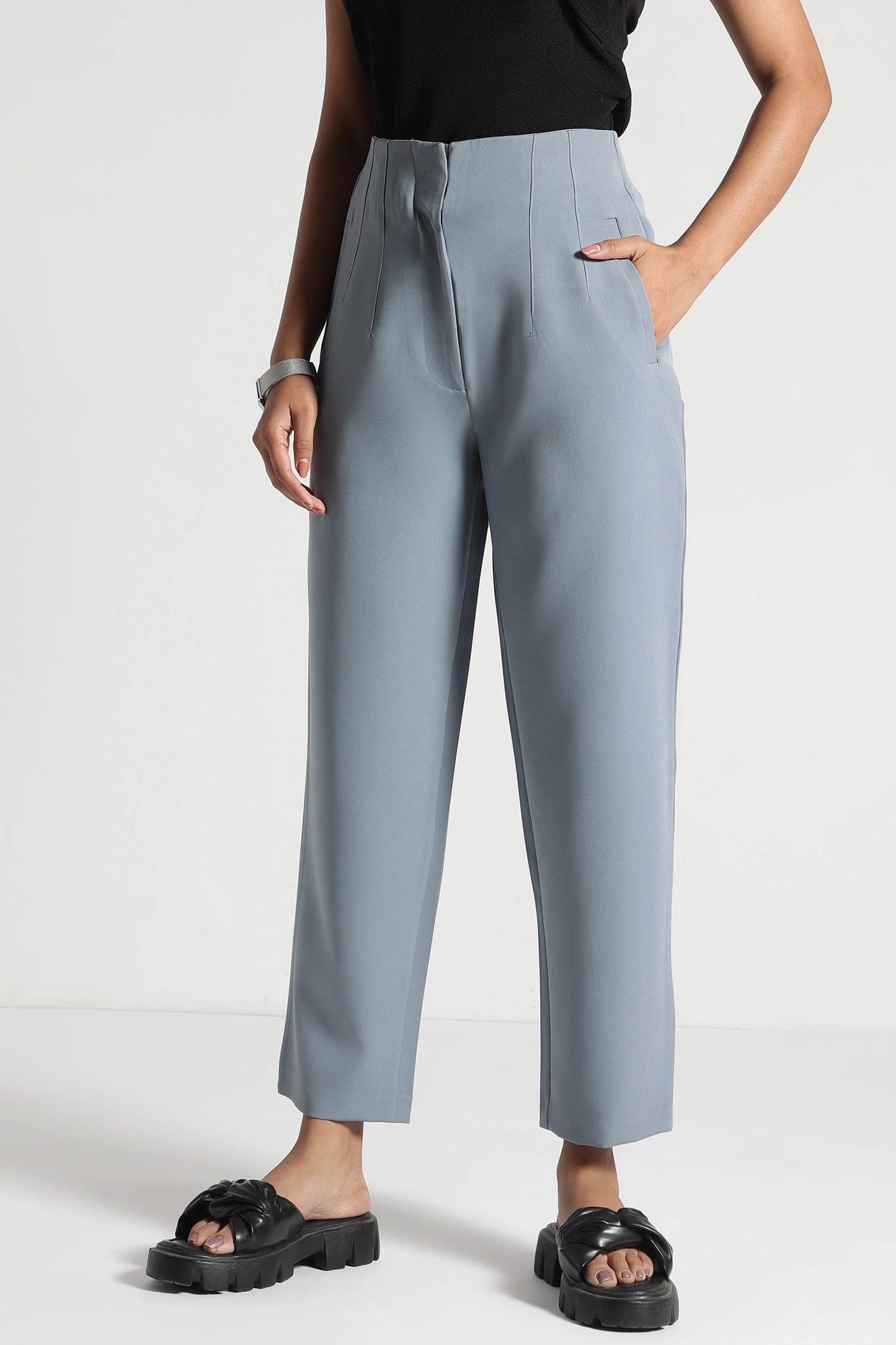 Slate Blue High-Rise Cropped Pants - Fabravaa