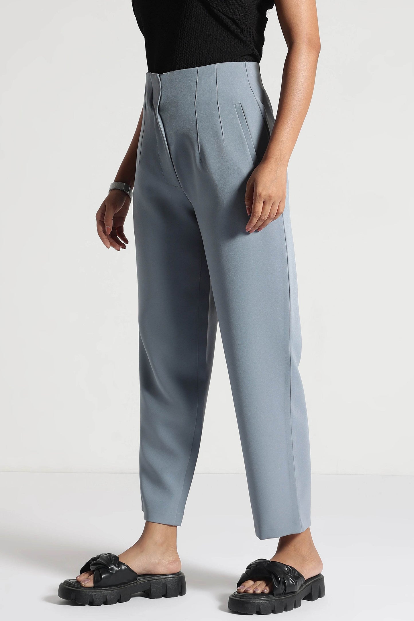 Slate Blue High-Rise Cropped Pants - Fabravaa