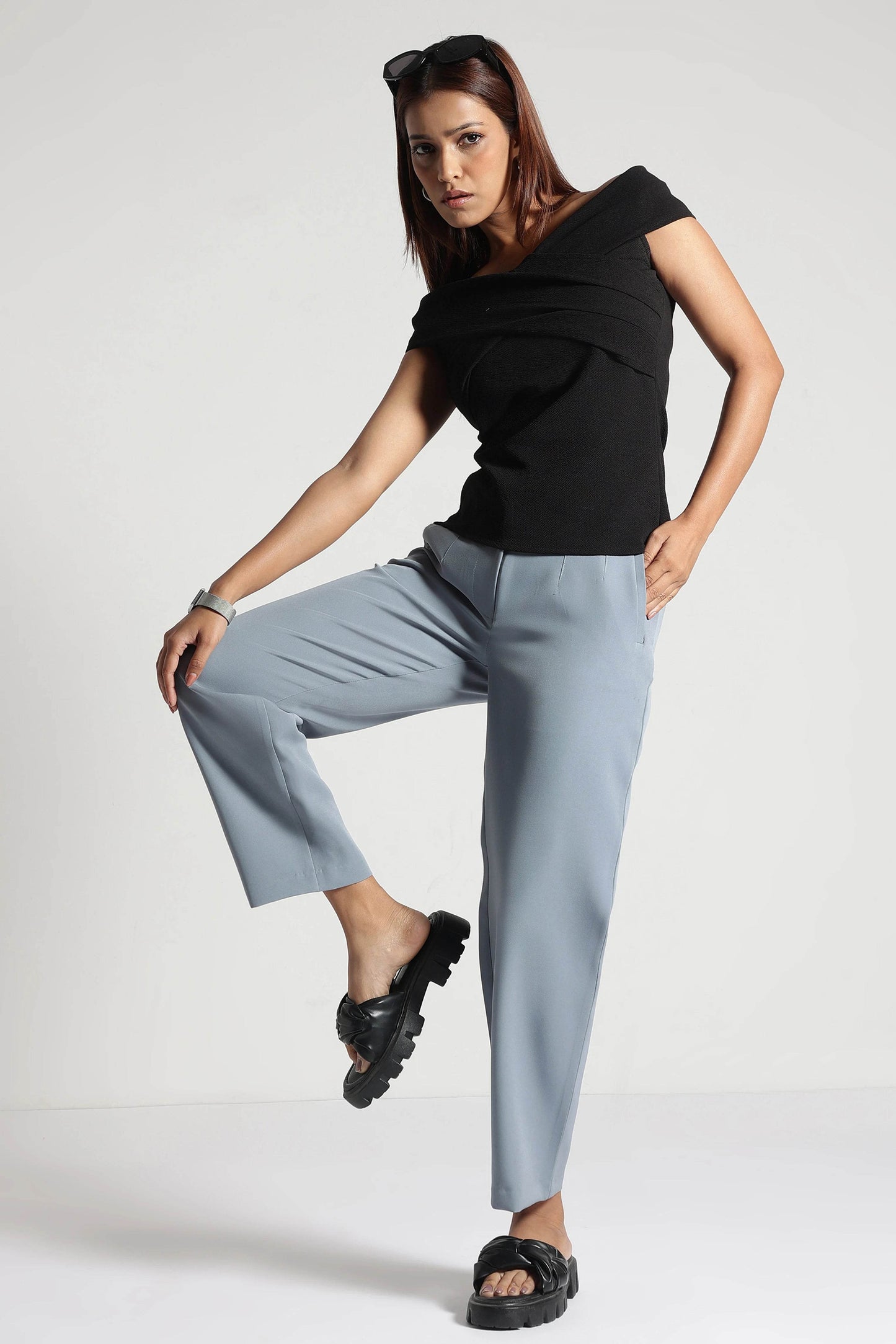 Slate Blue High-Rise Cropped Pants - Fabravaa