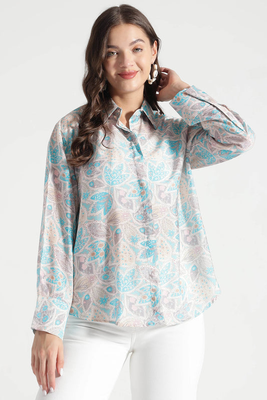 Blue and Beige Floral Printed Viscose Shirt - Fabravaa