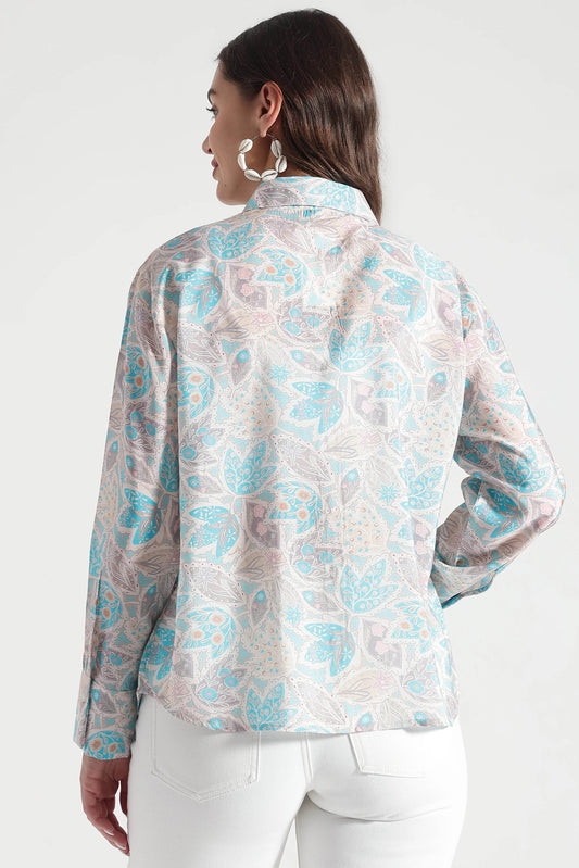 Blue and Beige Floral Printed Viscose Shirt - Fabravaa