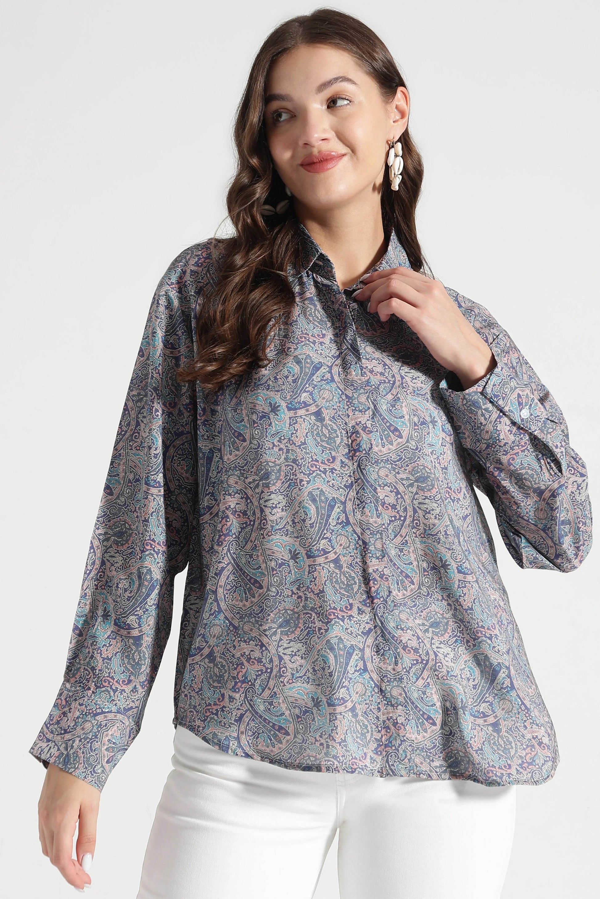 Navy Blue Paisley Printed Viscose Shirt - Fabravaa