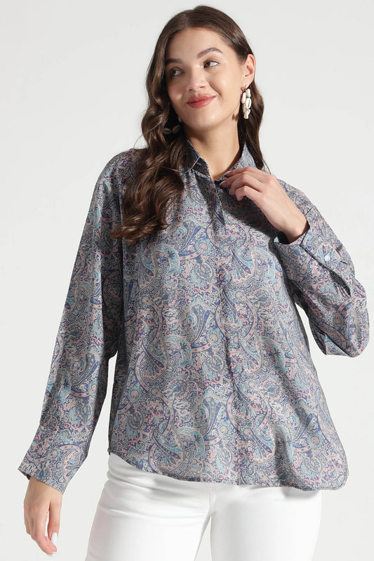 Navy Blue Paisley Printed Viscose Shirt - Fabravaa