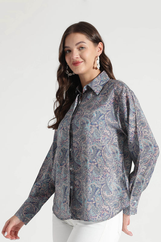 Navy Blue Paisley Printed Viscose Shirt - Fabravaa