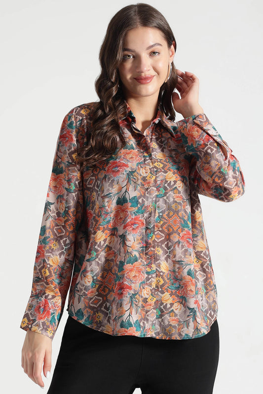 Rust Floral and Ikat Fusion Printed Viscose Shirt - Fabravaa
