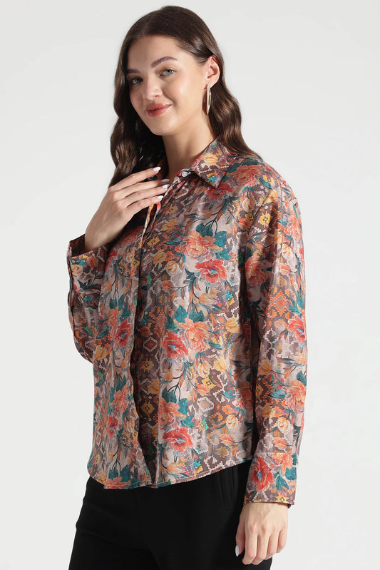 Rust Floral and Ikat Fusion Printed Viscose Shirt - Fabravaa