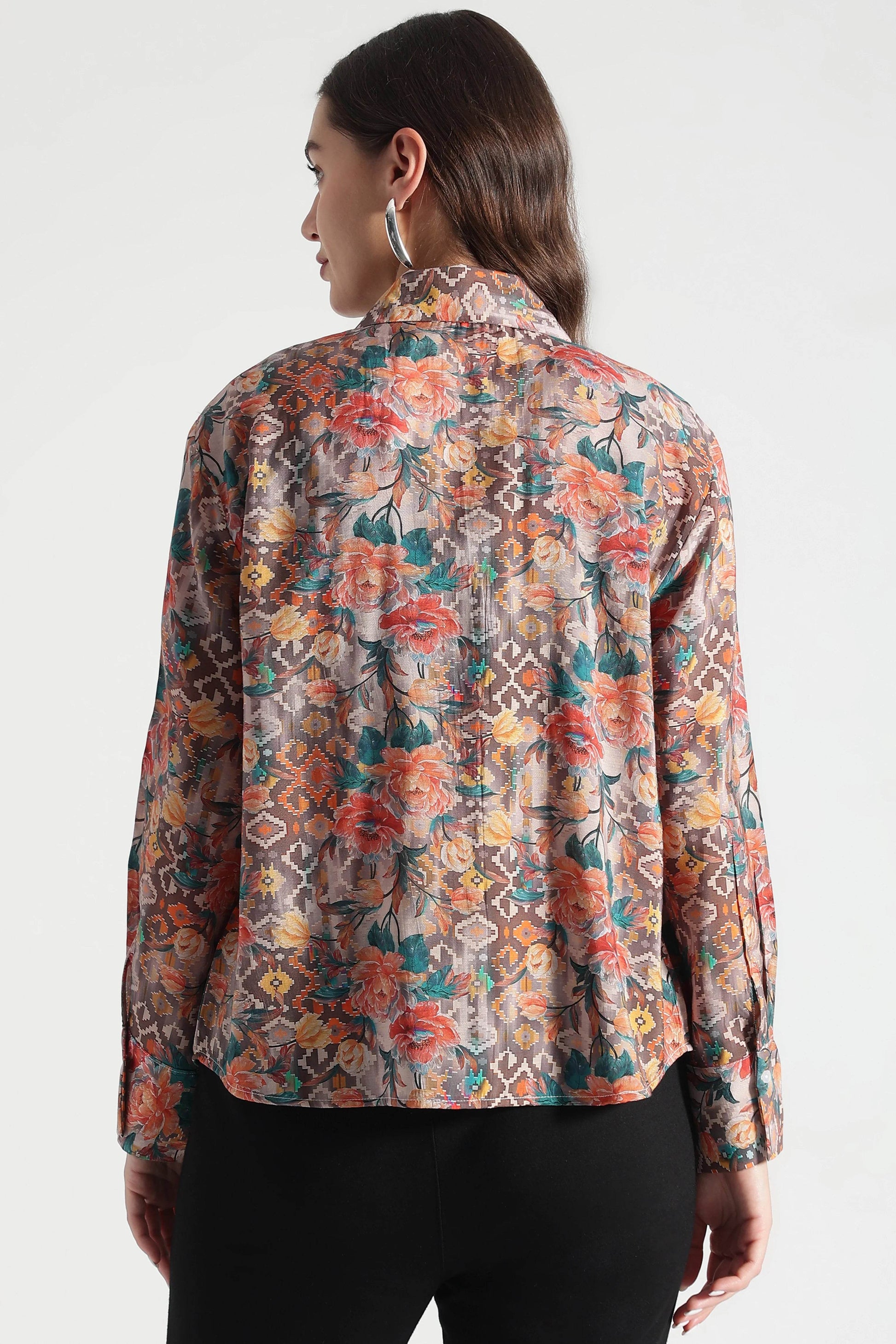 Rust Floral and Ikat Fusion Printed Viscose Shirt - Fabravaa