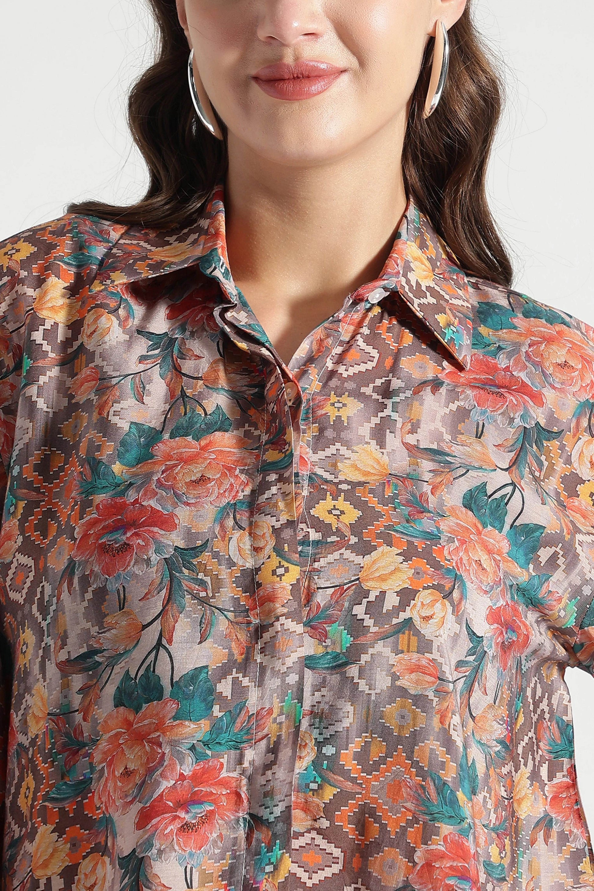 Rust Floral and Ikat Fusion Printed Viscose Shirt - Fabravaa