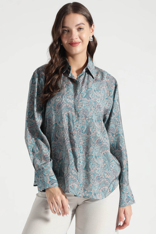 Dusty Teal Paisley Printed Viscose Shirt - Fabravaa