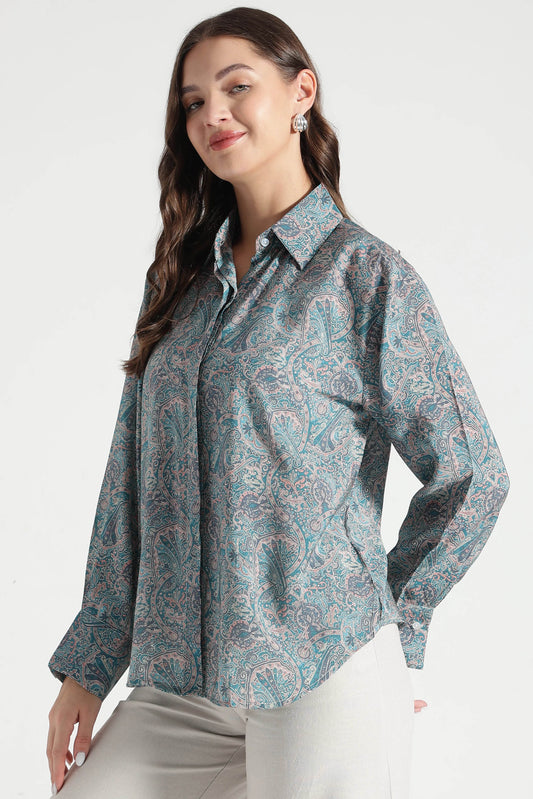 Dusty Teal Paisley Printed Viscose Shirt - Fabravaa