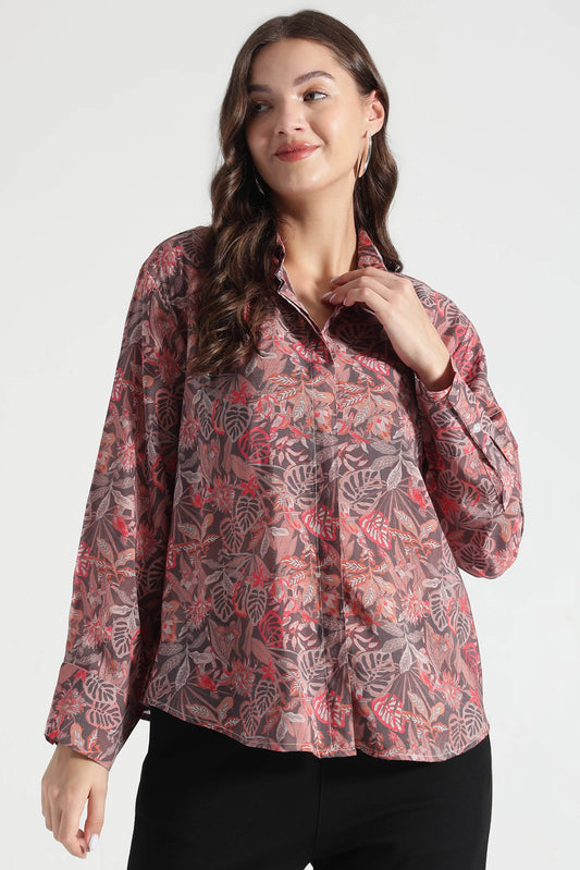 Rust Red Tropical Leaf Printed Viscose Shirt - Fabravaa