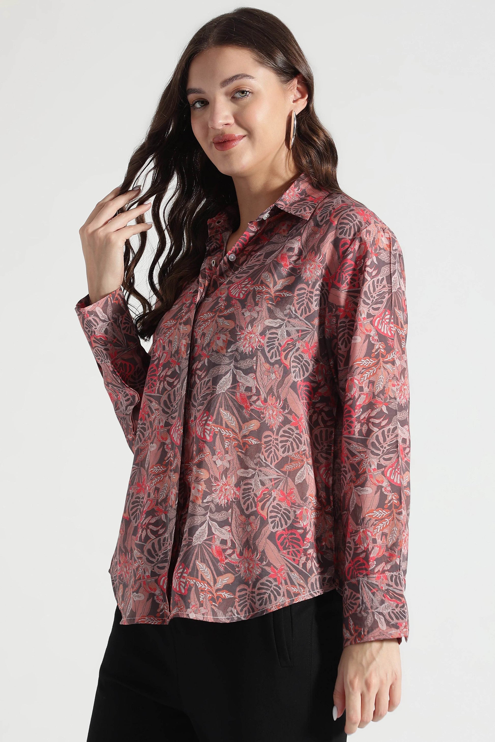 Rust Red Tropical Leaf Printed Viscose Shirt - Fabravaa