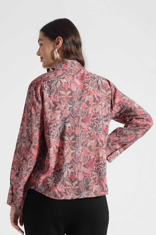 Rust Red Tropical Leaf Printed Viscose Shirt - Fabravaa
