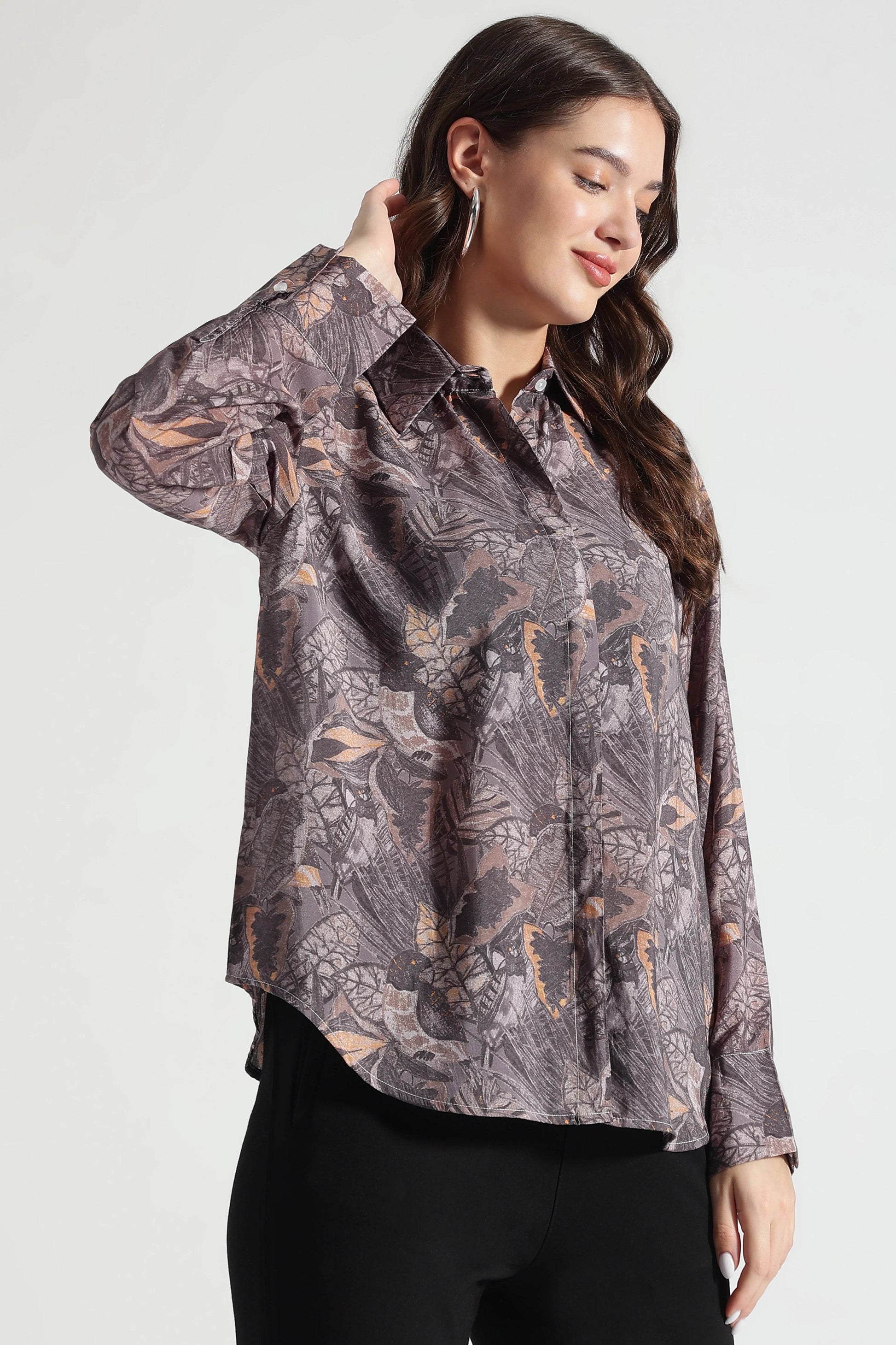 Brown Floral Patterned Relaxed Fit Shirt - Fabravaa
