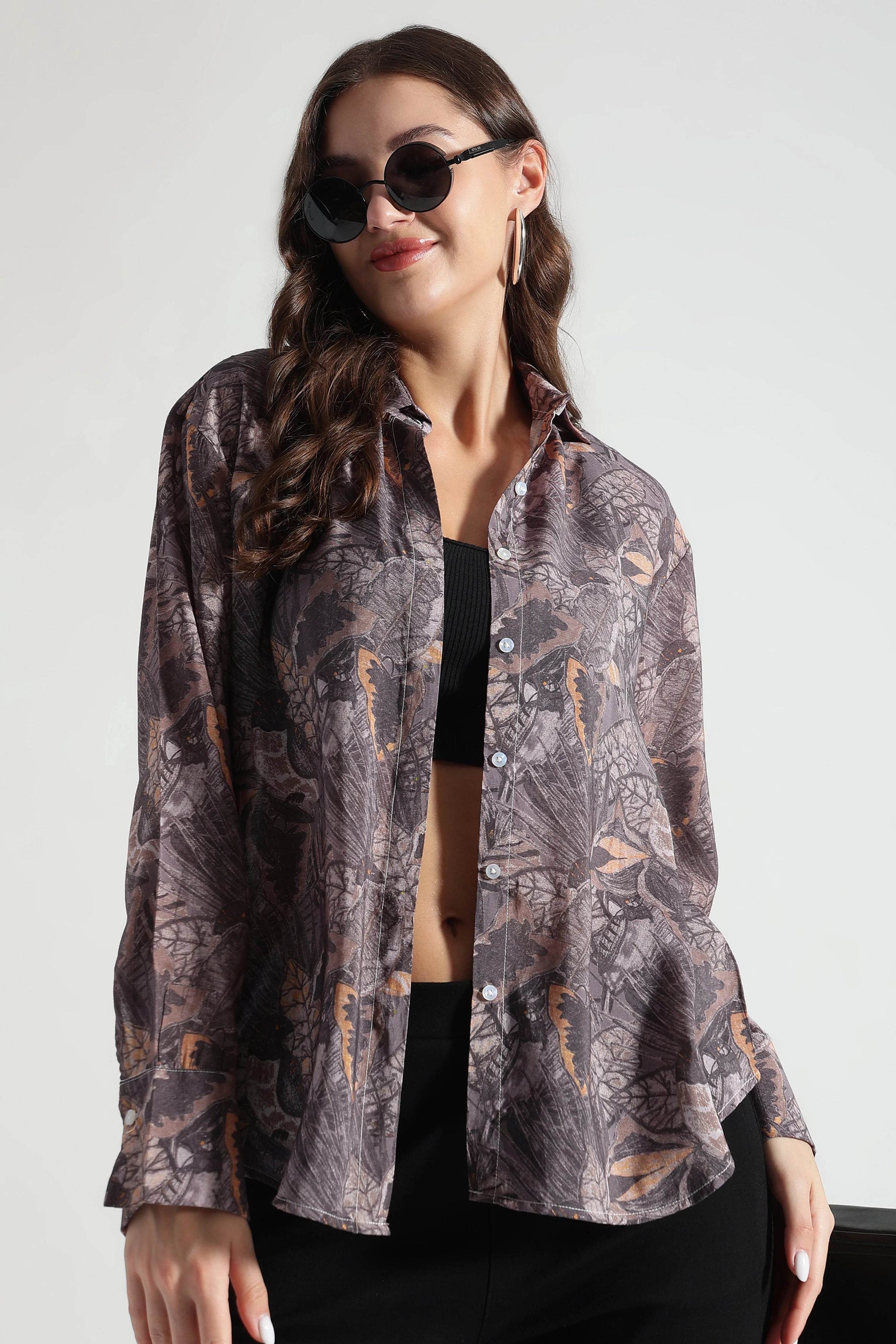 Brown Floral Patterned Relaxed Fit Shirt - Fabravaa