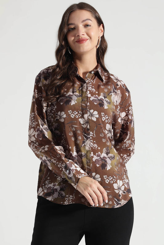 Brown Floral Print Button-Down Shirt - Fabravaa