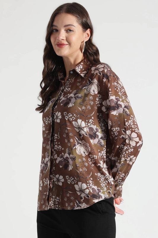 Brown Floral Print Button-Down Shirt - Fabravaa