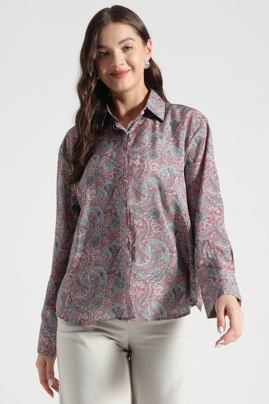 Red and Blue Paisley Viscose Printed Shirt - Fabravaa