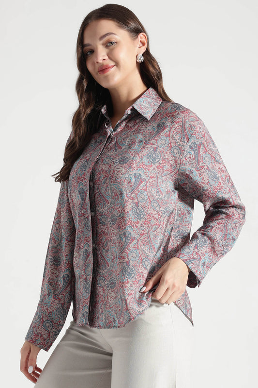 Red and Blue Paisley Viscose Printed Shirt - Fabravaa
