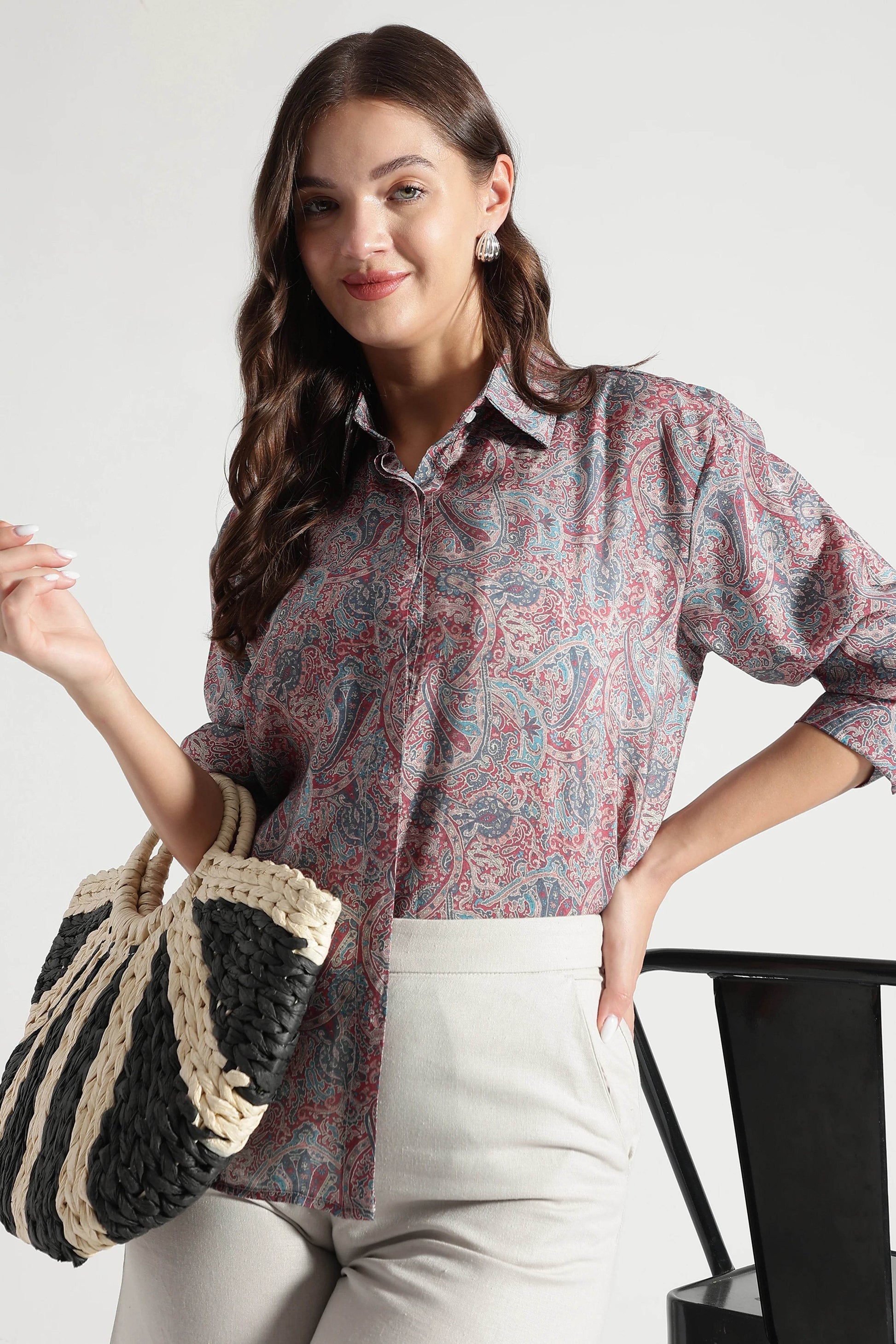 Red and Blue Paisley Viscose Printed Shirt - Fabravaa
