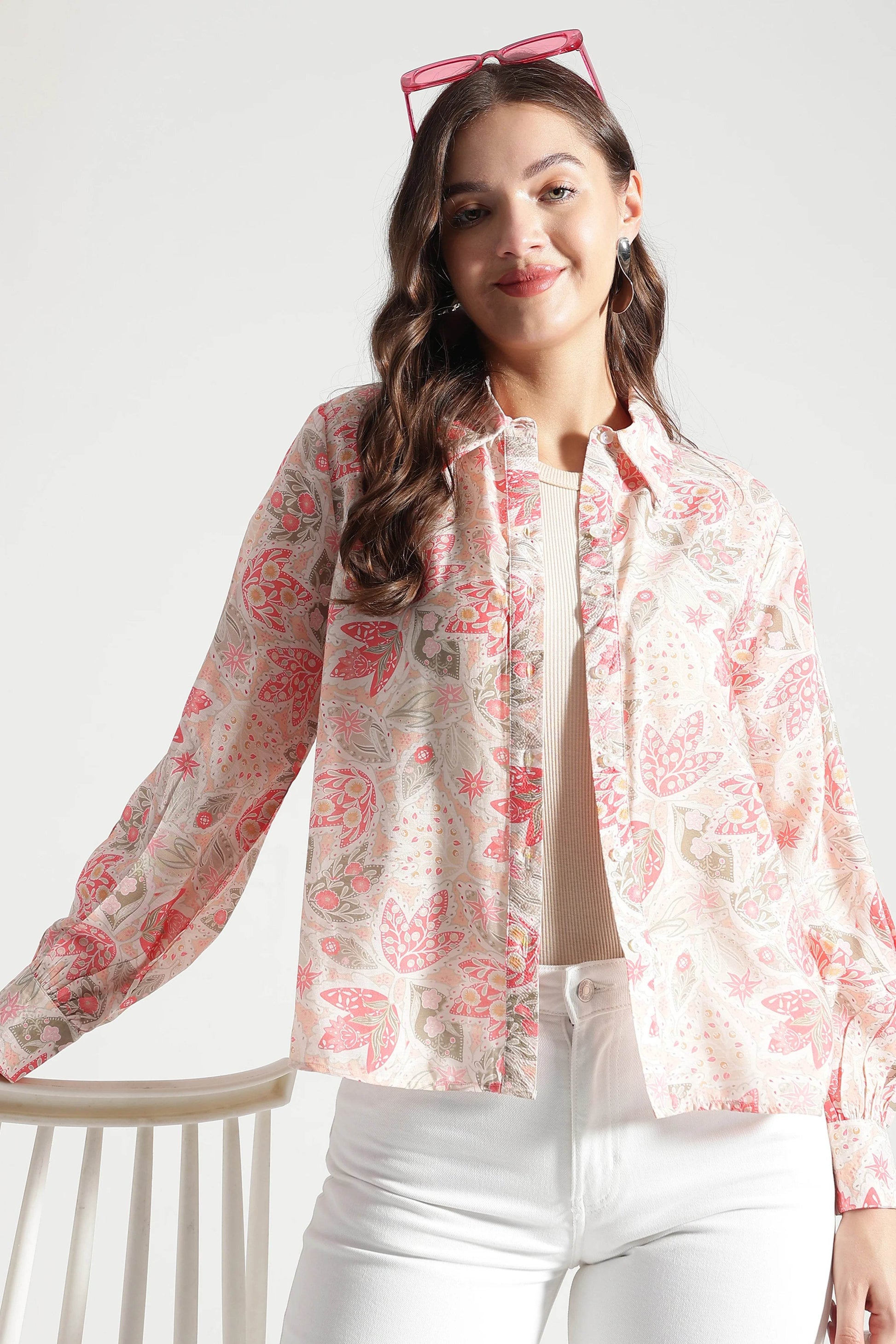 Blush Pink Floral Printed Viscose Shirt - Fabravaa