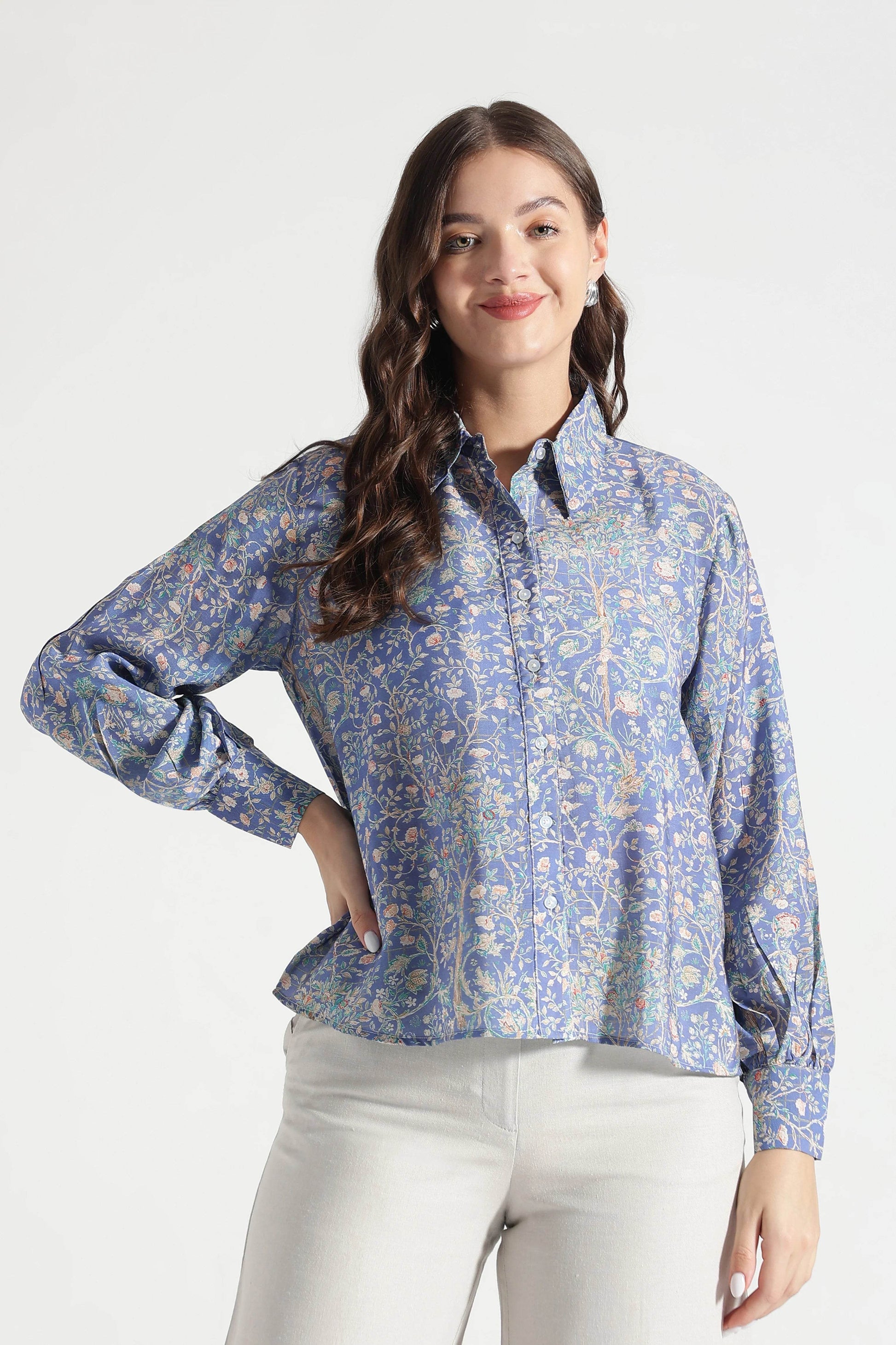 Midnight Blue Botanical Printed Viscose Shirt - Fabravaa
