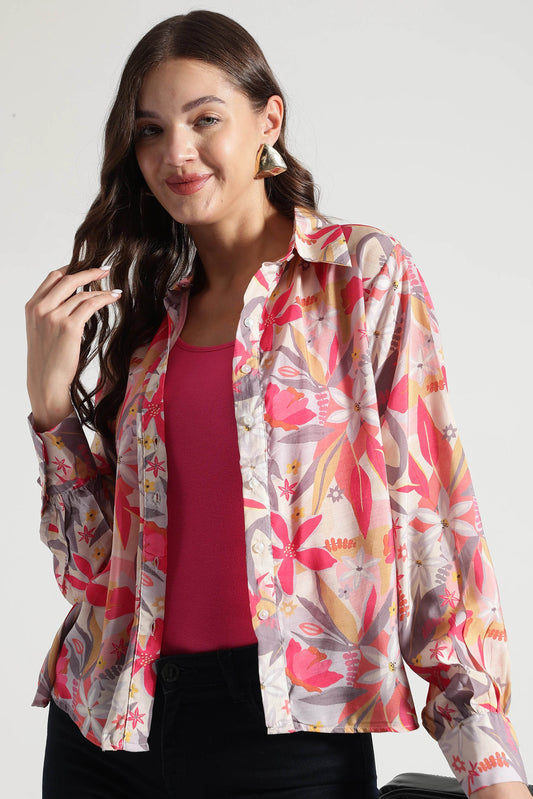 Sunset Bloom Multicolor Floral Viscose Shirt - Fabravaa