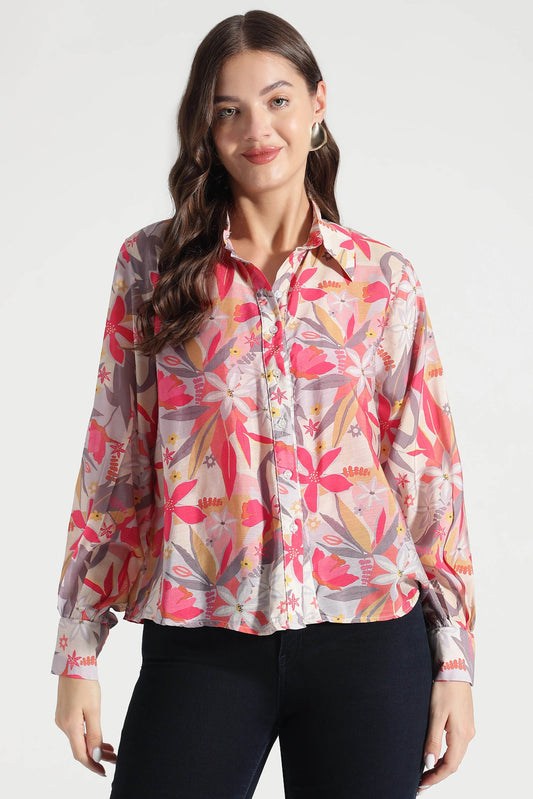 Sunset Bloom Multicolor Floral Viscose Shirt - Fabravaa