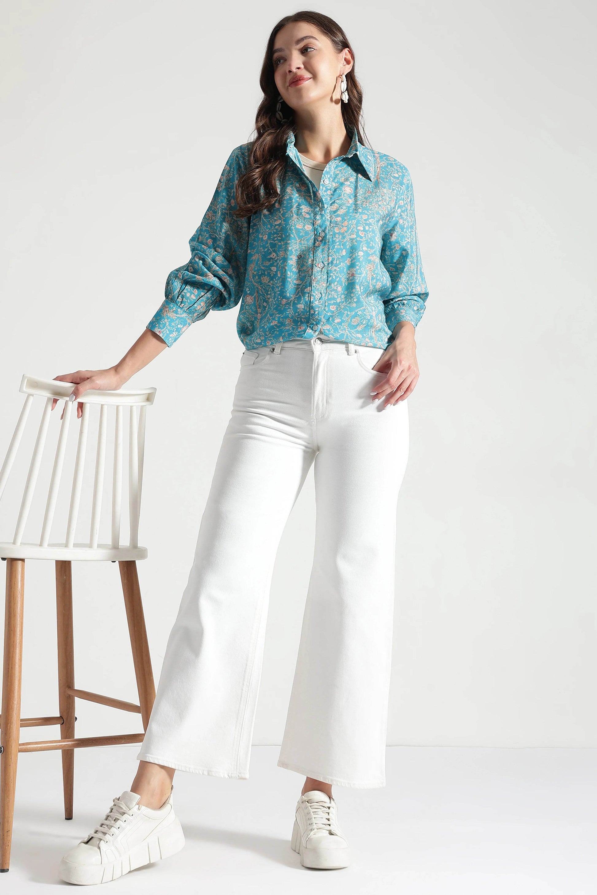 Turquoise Garden Botanical Printed Viscose Shirt - Fabravaa