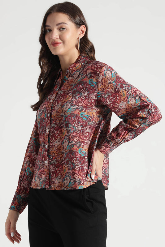 Vintage Maroon Paisley Printed Viscose Shirt - Fabravaa