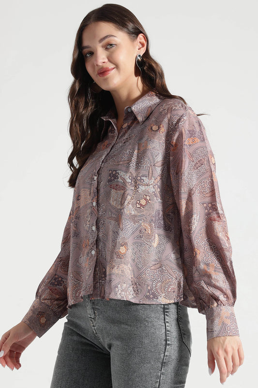 Dusty Mauve Abstract Printed Viscose Shirt - Fabravaa